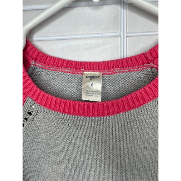 OshKosh B'gosh Sweater Kids Size 6 Gray & Dark Pink 100% Cotton Eyelet Stitching - Picture 2 of 6